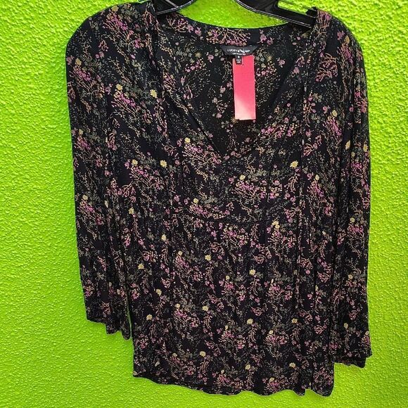 Lucky Brand Black and Pink Ruched 3/4 Sleeve Blouse - Picture 1 of 3